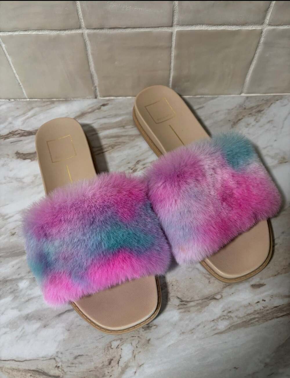 Dolce Vita Gwynn Faux Fur Slide Sandals Pink Blue Multicolor